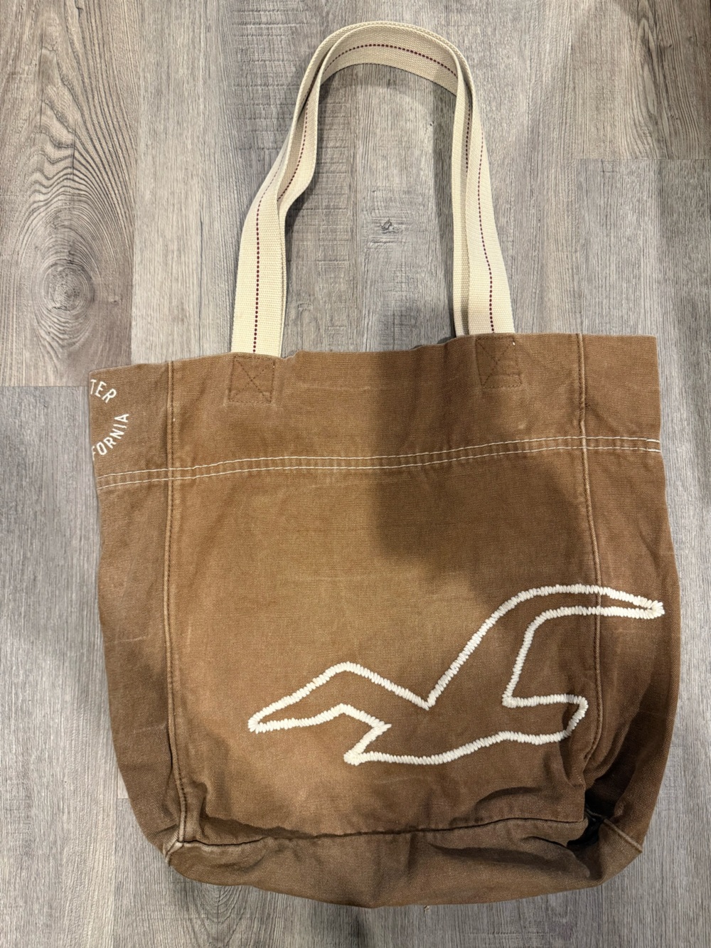 Hollister Brown Canvas Tote with Cream Handles and White Logo